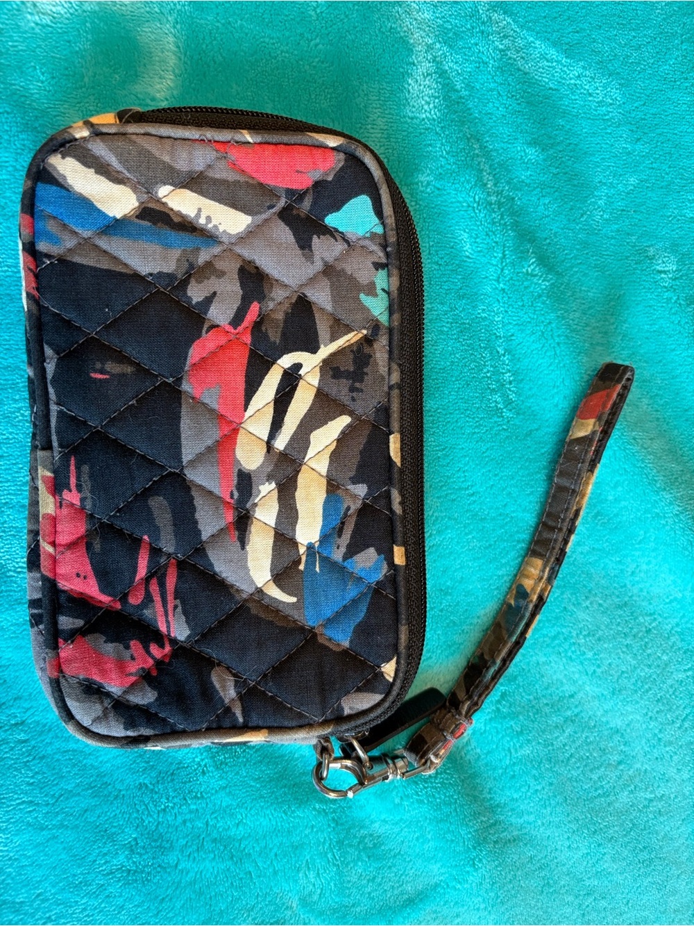 Vera Bradley Quilted Wristlet in Black with Red, Blue, Cream Accents